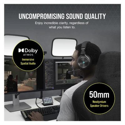 CORSAIR Vezetékes/Vezeték Nélküli Headset, VIRTUOSO RGB WIRELESS XT, Dolby Atmos, fekete