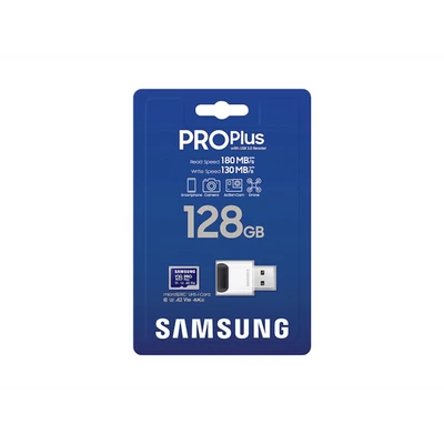 SAMSUNG Memóriakártya, PRO Plus + Reader microSDXC 128GB, CLASS 10, UHS-I, U3, V30, A2, R180/W130