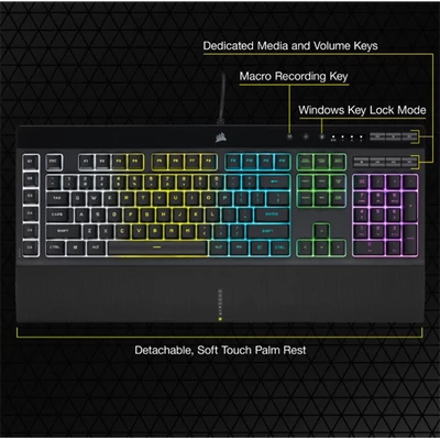CORSAIR Vezetékes Billentyűzet Gaming, K55 RGB PRO, 6 programozható billentyű, Cseppálló, Csuklótámasz, US, fekete