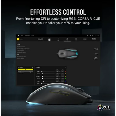 CORSAIR Vezetékes Egér Gaming, M75 RGB, Ultra-könnyű, RGB Világítás, 26000dpi, fekete
