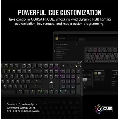 CORSAIR Vezetékes Billentyűzet Gaming, K70 CORE RGB, Mechanikus, MLX Red switch, 104 gombos, US, fekete