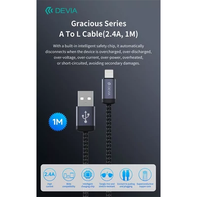DEVIA ST108035 Gracious v2 12W USB/Lightning 1m -es fekete adat-és töltőkábel