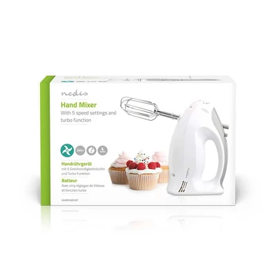 Nedis kézi mixer ,200 W ,5 sebességfokozat ,Turbófunkció ,2 dagasztóhorog / 2 habverő ,Szürke / Fehér