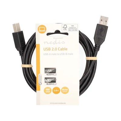 Nedis USB2.0 USB-A dugó - USB-B dugó kábel, 480Mbs, 10W, hossz 2m, CCGL60100BK20