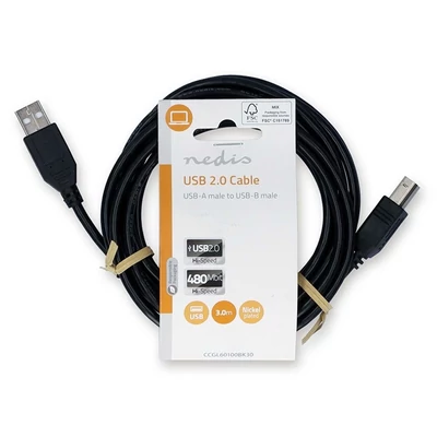 Nedis USB2.0 USB-A dugó - USB-B dugó kábel, 480Mbs, 10W, hossz 3m, CCGL60100BK30
