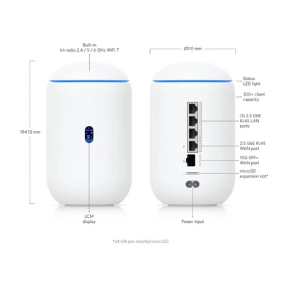 UBiQUiTi Dream Router TriBand 3x2,5Gbps (LAN) 1xPOE Out + 2xWAN (SFP+, RJ45), WiFi7, Asztali - UDR7