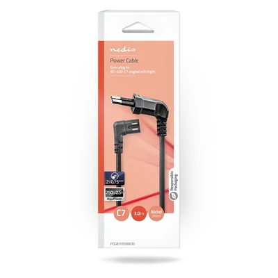 Nedis CEGL11055BK30 tápkábel, Euro Férfi | IEC-320-C7 | Szögletes | szögben balra | Nikkelezett | 3,00 m | Lakás | PVC |