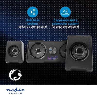 Nedis GSPR21022BK hangszóró készlet, csatornák: 2.2, USB tápellátás, 3,5 mm Férfi, 48 W, LED, Hangerőszabályozó