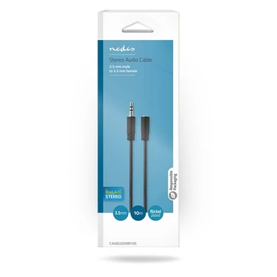 Nedis CAGB22050BK100 sztereó audió kábel, 3,5 mm Férfi, 3,5 mm Nő,  Nikkelezett,  10,0 m | kerek,  Fekete