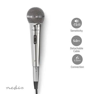NEDIS MPWD45GY vezetékes mikrofon,Kardioid Levehető kábel 5,00 m 80 Hz - 13 kHz 600 Ohm -72 dB Be/Ki kapcs.fém ezüst