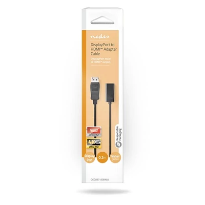 Nedis Display port dugó CCGB37150BK02, DisplayPort dugó HDMI kimenet 4K@30Hz Nikkelezett 0,20 m Kerek PVC fekete