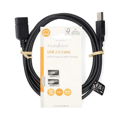 Nedis USB2.0 hosszabító kábel, hossz 2m, CCGL60010BK20