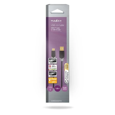 Nedis CCBW60600AT10 USB kábel, USB2.0 Gen 1, USB-A dugó - USB-C dugó, 60 W | 480 Mbps, 1 m