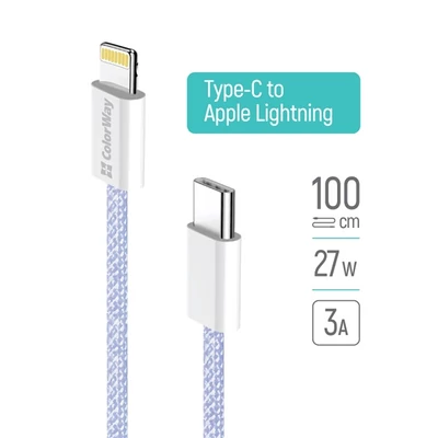 COLORWAY Kábel Type-C CW-CBPDCL061-PU, Apple Lightning, fonott pamut, PD 27W, 1M lila