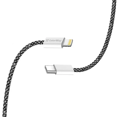 COLORWAY Kábel Type-C CW-CBPDCL061-BK,  Apple Lightning, fonott pamut, PD 27W, 1M fekete