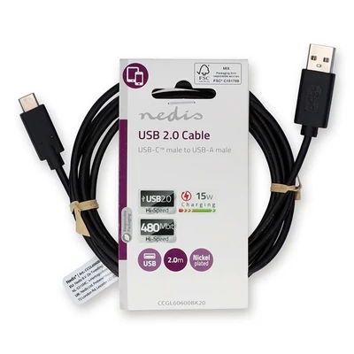 Nedis CCGL60600BK20 USB A - USB C (USB-C) kábel, USB2.0, 15W, hossz 2m