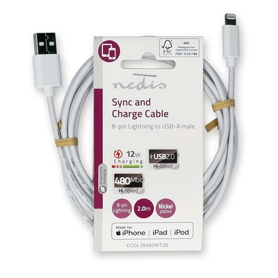 Nedis CCGL39300WT20 USB 2.0, Apple Lightning 8-Pin kábel MFI engedélyes Apple chipkészlettel, 2m