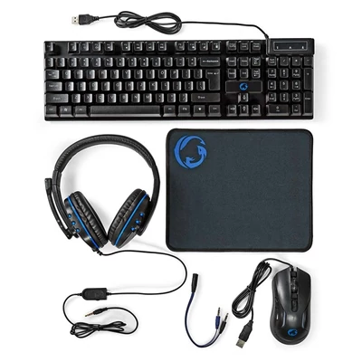Nedis GCK51110BKUS gamer 5 az 1-ben készlet, Angol Billentyűzet, Headset, Egér, Egérpad és adapter kábel, QWERTY