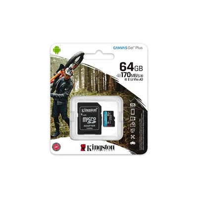 Memóriakártya, microSDXC, 64GB, C10/UHS-I/U3/V30/A2, adapter, KINGSTON 
