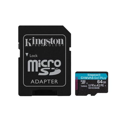 Memóriakártya, microSDXC, 64GB, C10/UHS-I/U3/V30/A2, adapter, KINGSTON 