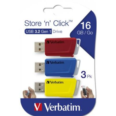 Pendrive, 3 x 16GB, USB 3.2, 80/25MB/sec, VERBATIM "Store n Click", piros, kék, sárga