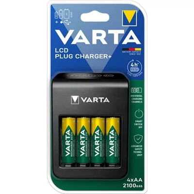 Elemtöltő, AA/AAA/9V, 4xAA 2100 mAh, LCD kijelző, VARTA 